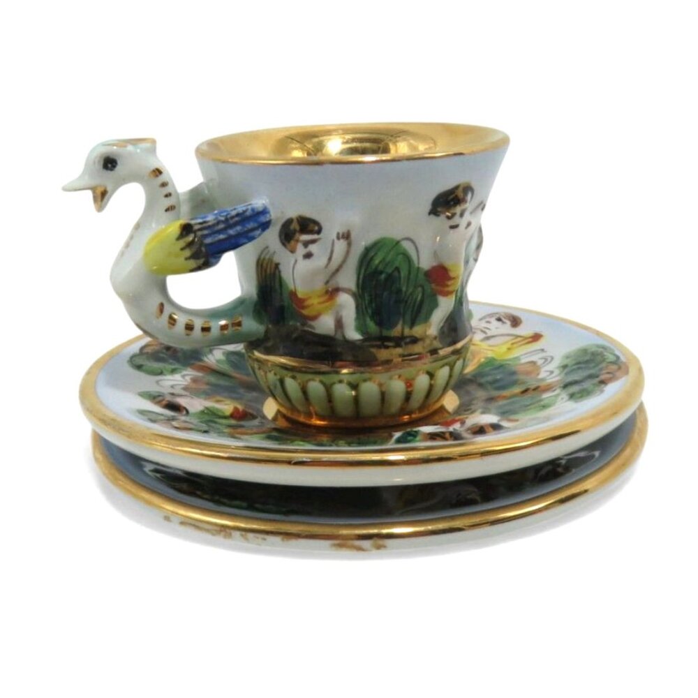 Cherubs CAPODIMONTE Demitasse CUP with Swan Handle and 2 Saucers Italy Vintage